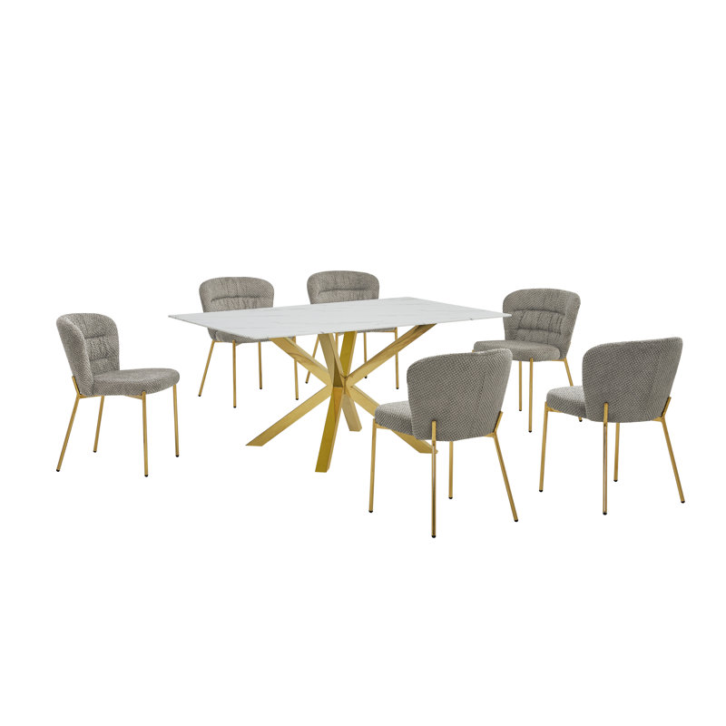 Ensemble de salle à manger rectangulaire en verre avec revêtement en marbre blanc avec chaises moelleuses, Gris
