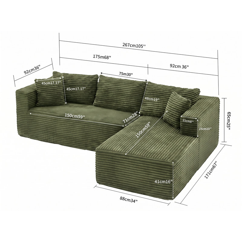 Corduroy L-Shaped Sectional Reversible