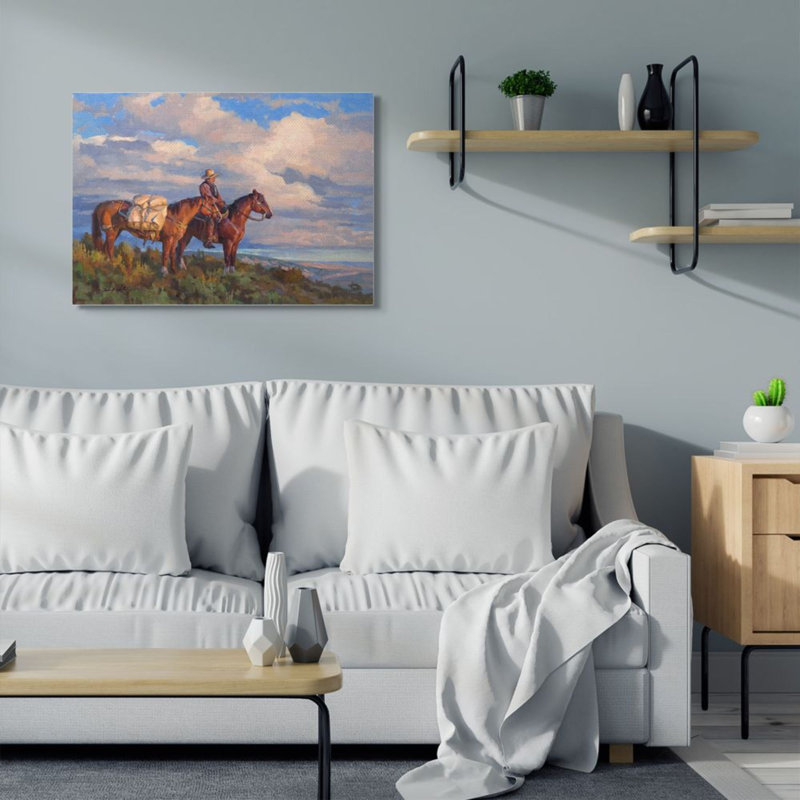 «Cowboy with Horses Countryside Hill Top» par Chad Poppleton - reproduction d'art, Toile tendue, H 40 po x l 30 po
