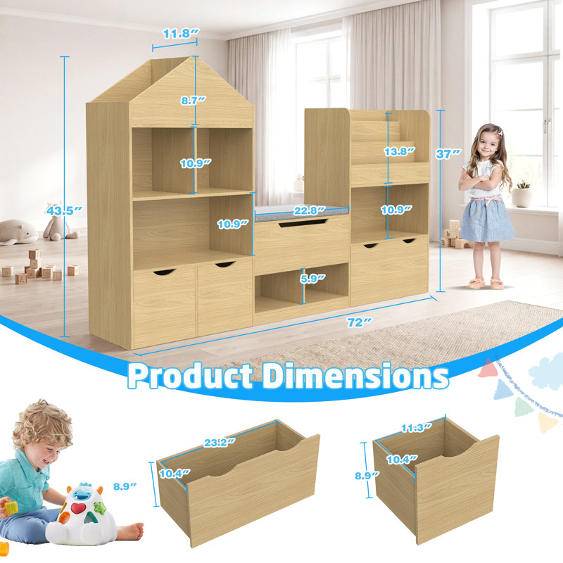 72" Kids Castle Bookshelf With Reading Nook, Large Toy Storage Organizer With Seat Cushion, 3+1 Movable Drawers, Kids Bookshelf And Bookcase With 8 Cubbies, Bench For Playroom, Nursery, Bedroom