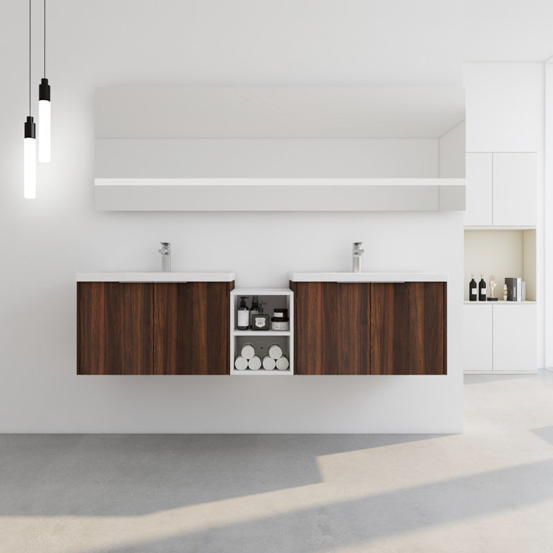 Meuble-lavabo de salle de bain avec porte et évier à fermeture en douceur de 72 po, armoire 30 po et 12 po, conception moderne, portes de meuble-lavabo en noyer, combinaison, look