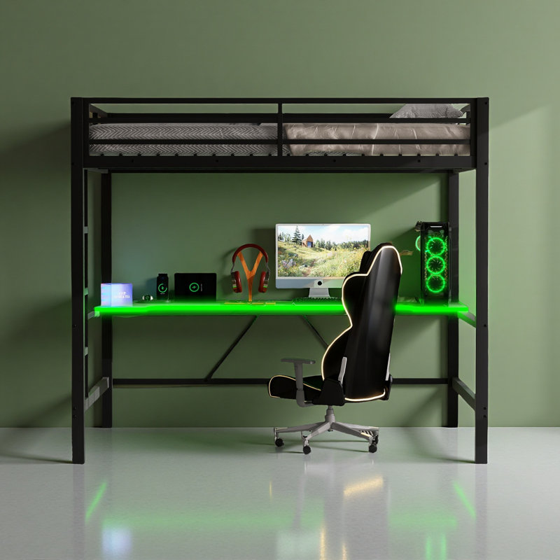 Base de lit mezzanine en métal avec lumière DEL, station de charge USB et bureau Gaming, Noir, Lit double