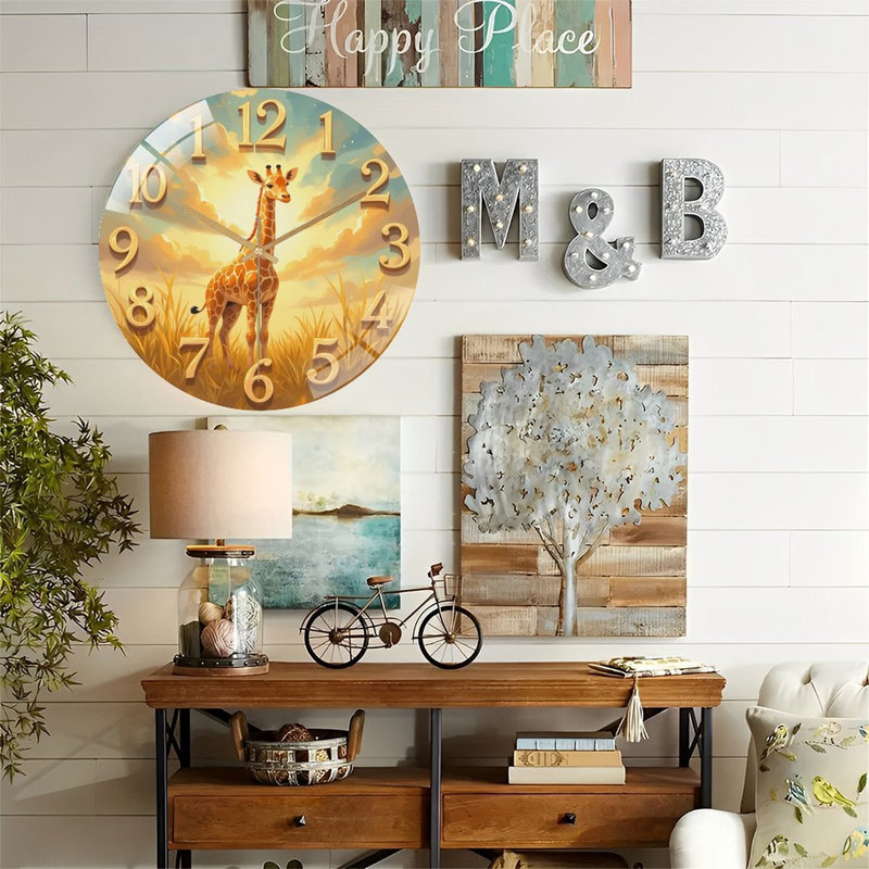 Giraffe Wall Clock for Home Decor with Art Print Art - 12'' Modern Glass Wall Clock
