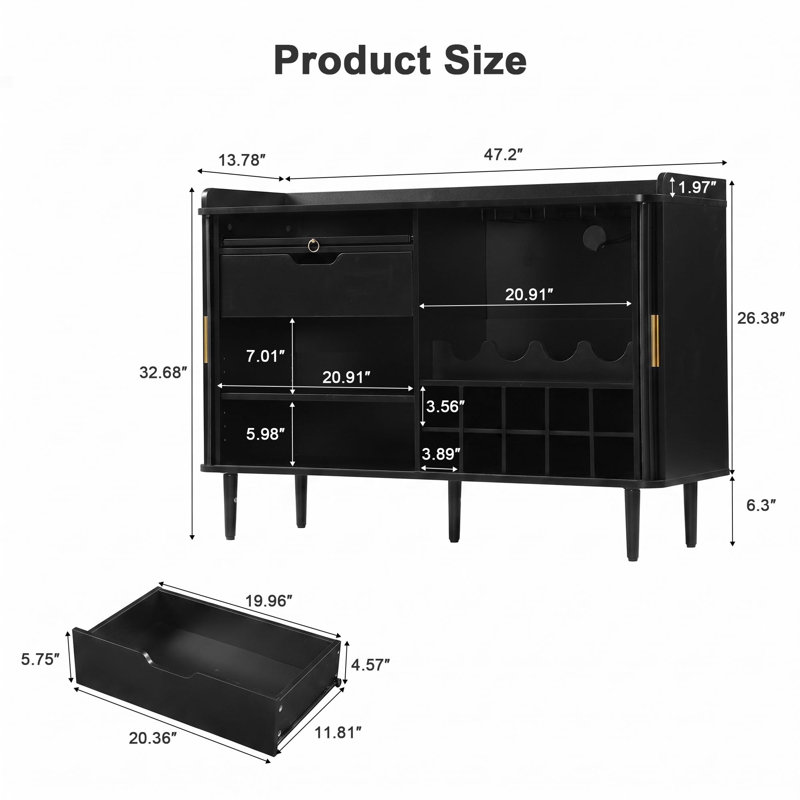 Meuble-bar à vin de 117 cm avec rangement, Noir
