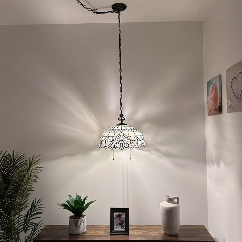 Havendale Tiffany Pendant Lights Fixture Plug in White Stained Glass Baroque Style LED Bulbs 16”W*16”D*75”H