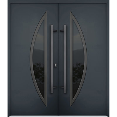 Façade avant extérieure en métal à deux portes doubles / deux portes en verre anthracite teinté émaillé anthracite 6501 / entrée moderne à gauche avec porte active 72 po x 80 po