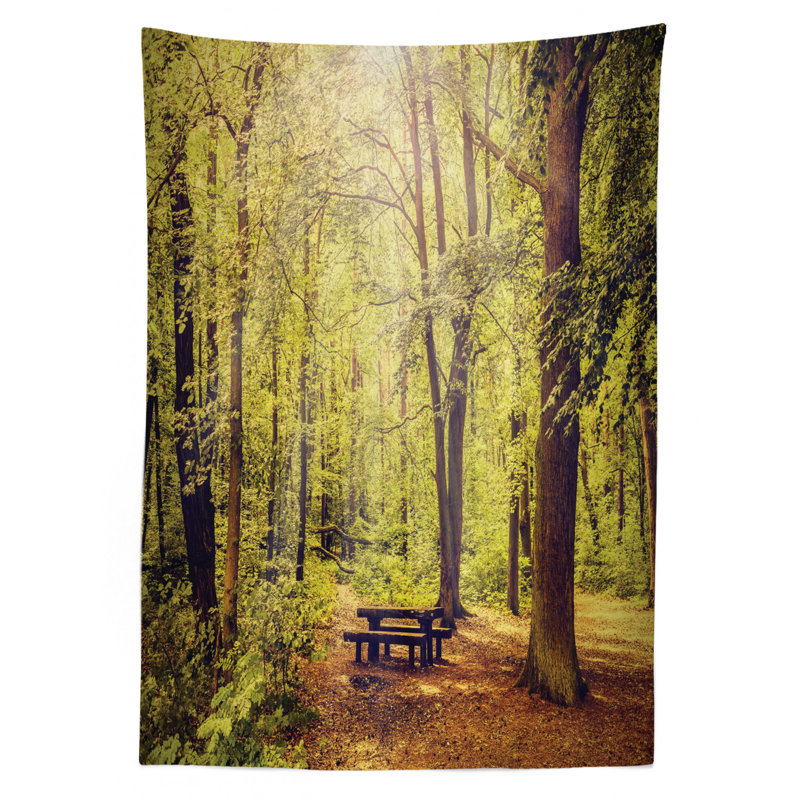 Ambesonne Forest Tablecloth, Picnic Table In The Forest Foliage Greenery Nature Theme Summer And Winter Theme, Rectangular Table Cover For Dining Room Kitchen Decor, 52" X 70", Green Brown