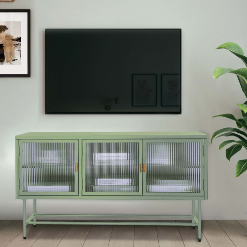 Meuble télé avec armoire de rangement fermée, Vert, Doré