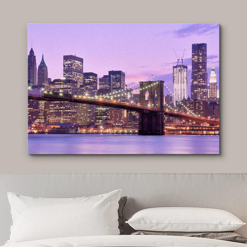 New York City coucher de soleil rose pont architecture paysage urbain rustique moderne, H 24 po x l 36 po