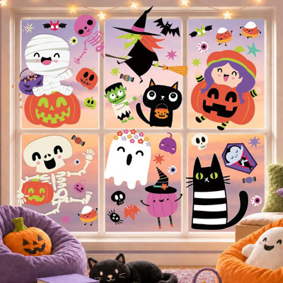 9 feuilles d'autocollants décoratifs pour fenêtres d'Halloween pour enfants, fantômes, squelettes et chauves-souris