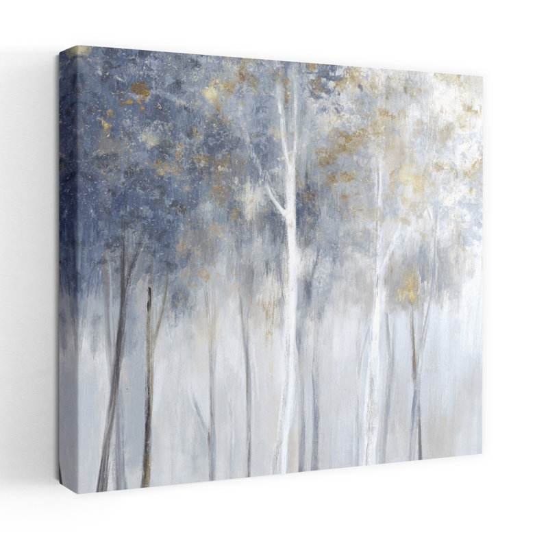 Brouillard et or II, art contemporain de la forêt, H 18 po x l 18 po