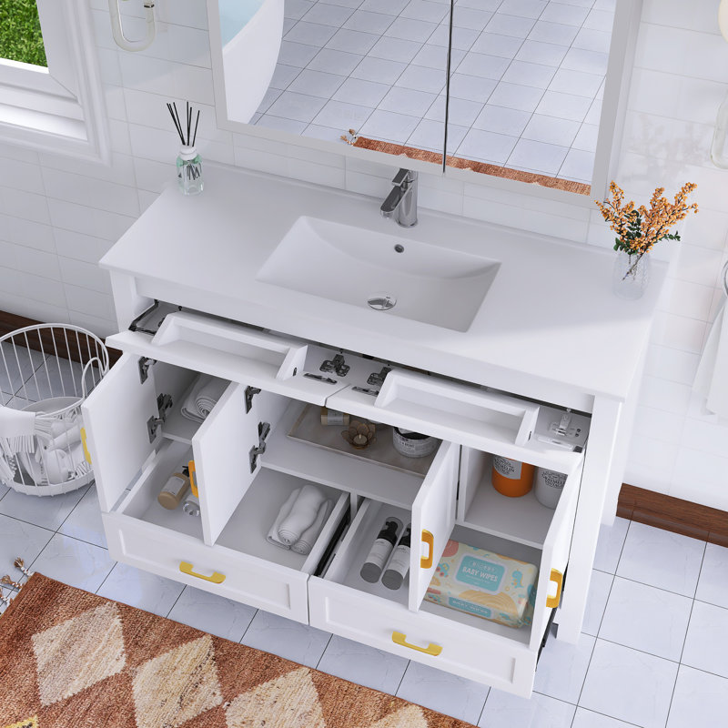 48" Freestanding Single Bathroom Vanity With White Ceramic Integrated Top, White