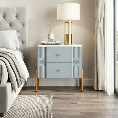 Modern Nightstand With 2 Storage Drawers,Fluted Wood Bed Side Table With Metal Legs