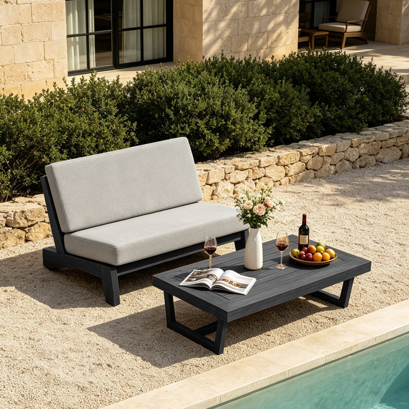 Ensemble de conversation extérieur Polett en bois massif, 2 Pcs: Coffee Table, Loveseat, Chameau clair, Noir
