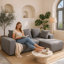 Ensemble de canapé moderne en mousse avec 5 coussins décoratifs - Conception modulaire, revêtement gris-bleu doux, canapé modulaire en forme de L pour le salon, 96,46 po x 72,83 po x 23,03 po: YKX-33002-Gris bleu-923460431