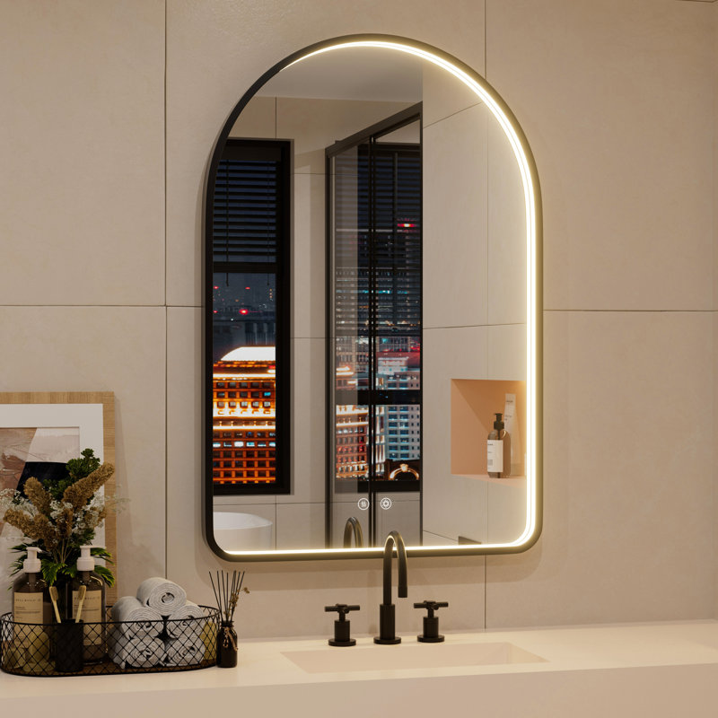 Miroir arqué à DEL avec cadre en aluminium, certifié ETL, température de couleur à intensité variable 3, verre trempé incassable, miroir de salle de bain anti-buée