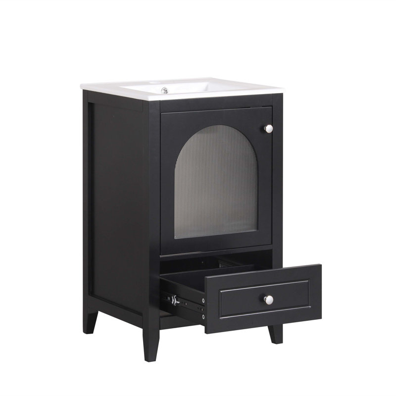 20" Black MDF Bathroom Vanity with Ceramic Sink and Glass Door