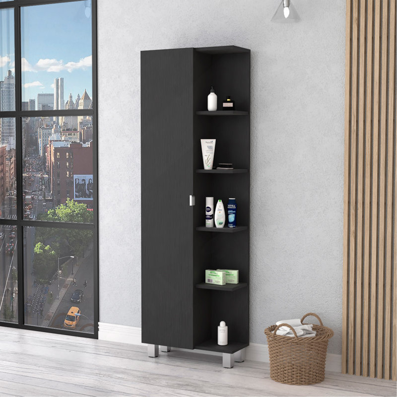 Mirror Linen Cabinet, Four Interior  Shelves, Five External Shelves -Black, Black