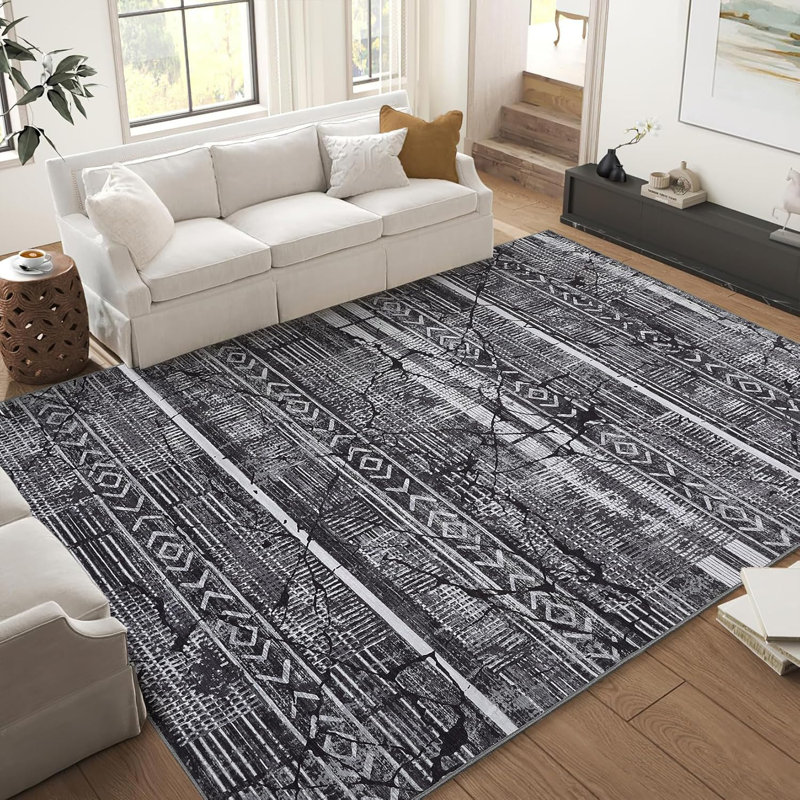 5x7 Washable Rug – Distressed Marble Boho Farmhouse Style Thin Light Grey for Living Room Bedroom Dining Room Office.