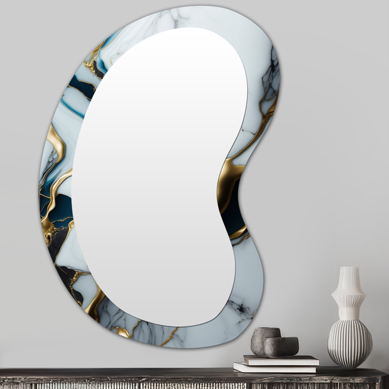 Gebert Abstract Geode Gold And White Marble II - Marble Asymmetrical Mirror, White Unique Shape Unique Wall Mirror, Printed Metal Art