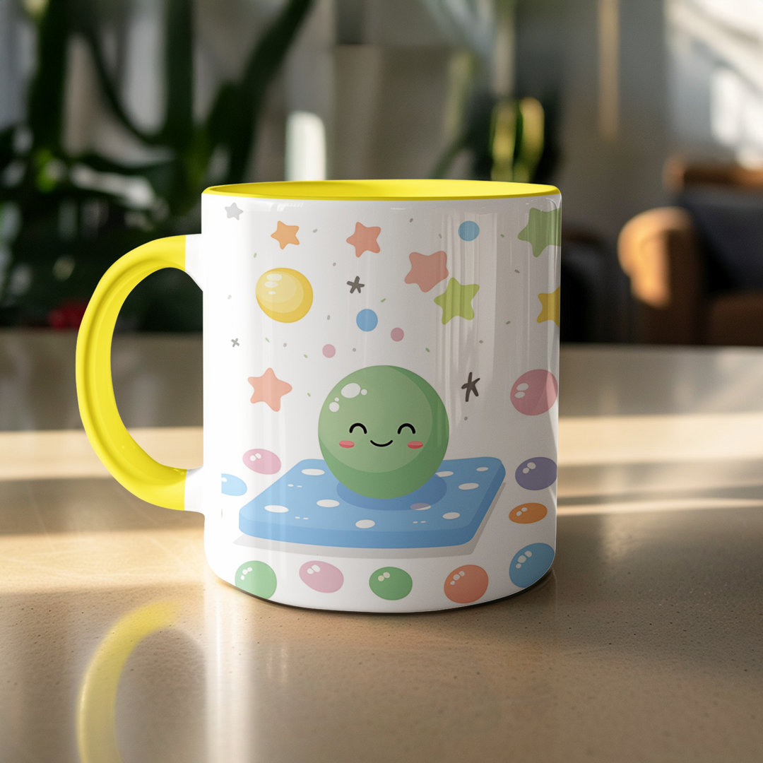 Set of 2 Kids Drawing Style 11oz Accent Mugs – White Ceramic Coffee Cups with a Yellow Handle and Interior