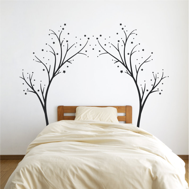 Décalcomanie murale arbres étoiles, H 60 po x l 74 po x P 0,01 po, Noir