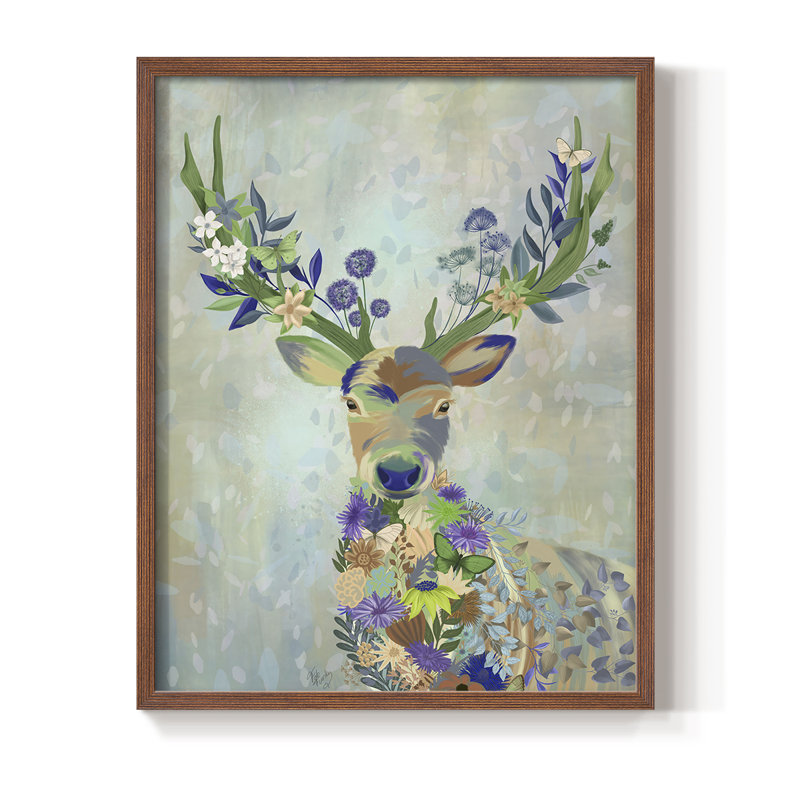 Fantastic Florals Deer, Portrait, reproduction encadrée - bois massif, Brun, H 10 po x l 8 po