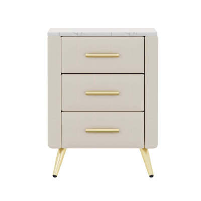 Upholstered Wooden Nightstand With 3 Drawers And Metal Legs&Handles, Bedside Table With Marbling Worktop