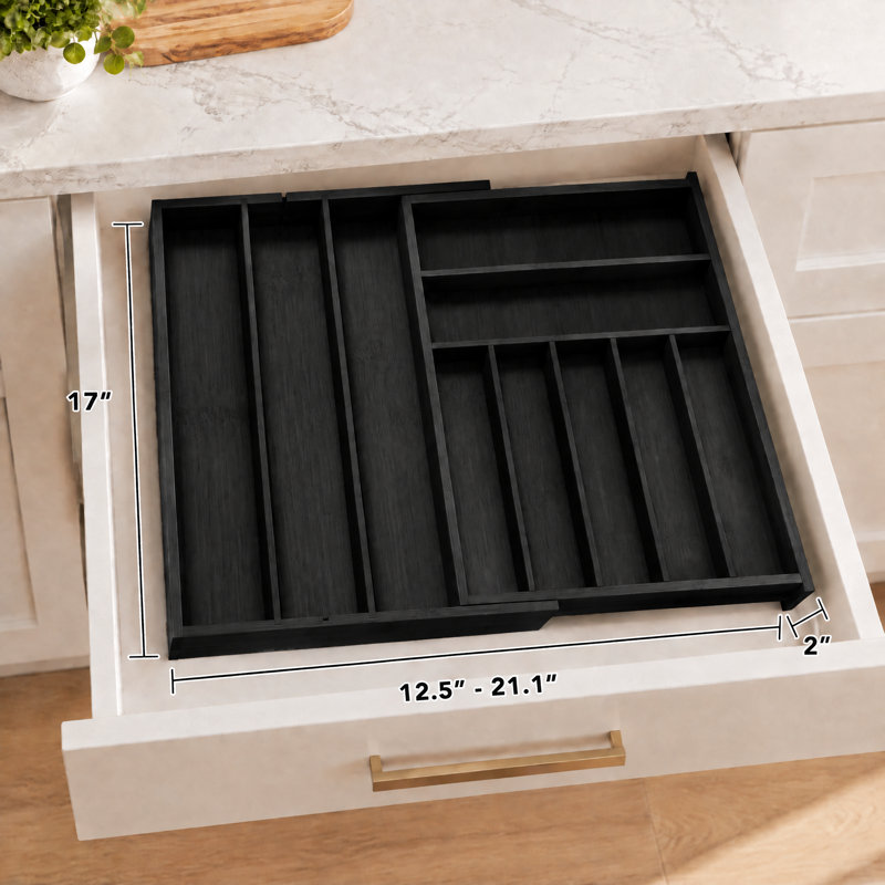 Bamboo Expandable Silverware Drawer Organizer with Labels, Kitchen Utensil Tray Holder for Flatware, Cutlery, Spoons and Knives