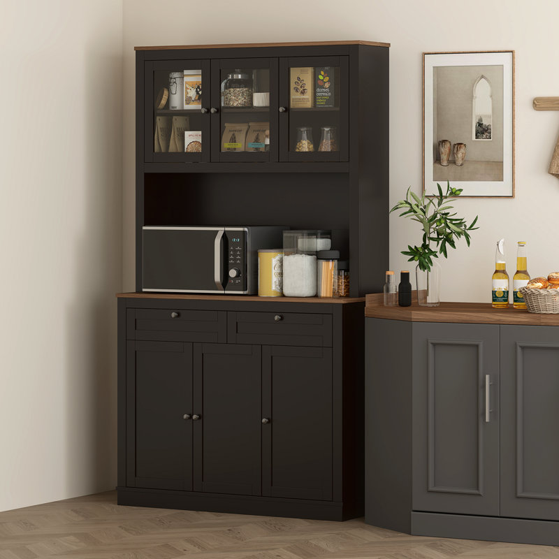 Garde-manger 71 po avec support à micro-ondes, huche de cuisine avec 2 tiroirs et tablettes réglables 71 po, noir, Noir