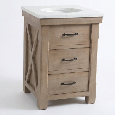 Meuble-lavabo simple 24 po de style maison de campagne en bois naturel avec plateau en marbre blanc assemblé