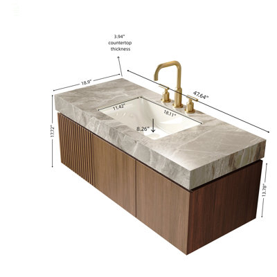 Ensemble de meuble-lavabo et lavabo 48 po, armoire de rangement en contreplaqué flottant avec tiroir et portes, plateau en pierre frittée et lavabo en céramique avec 3 trous de robinet pré-percés, pré-assemblé