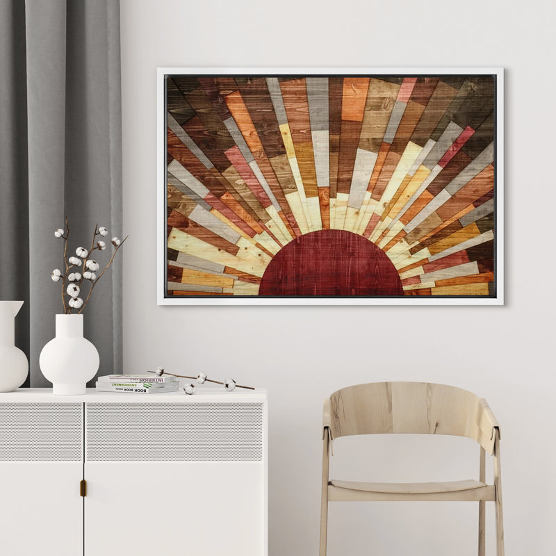 «Western Wood Effect Landscape Brown Sun Rays», impression rustique sur toile encadrée, H 16 po x l 24 po, Blanc