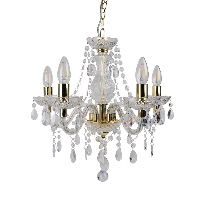 Xan 5 - Light Candle Style Chandelier, Clear/Gold
