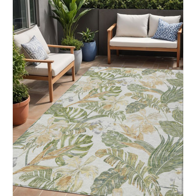 Tapis d'intérieur / extérieur lavable à motif feuilles ivoire et vert olive 5 pi x 8 pi Arpin