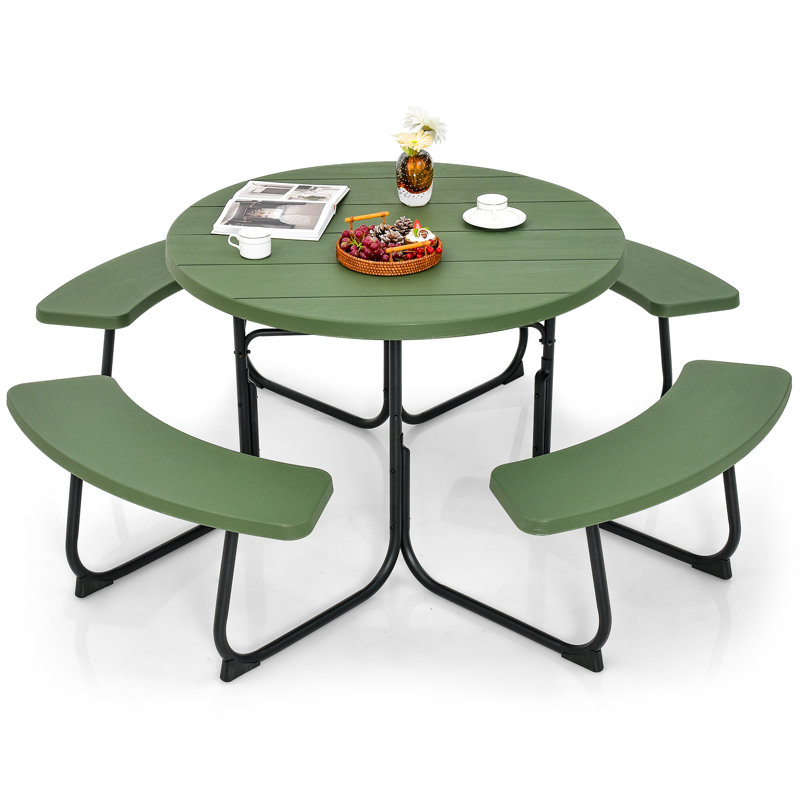 Banc de pique-nique d'extérieur portable avec 4 bancs et trou pour parasol - vert, Vert