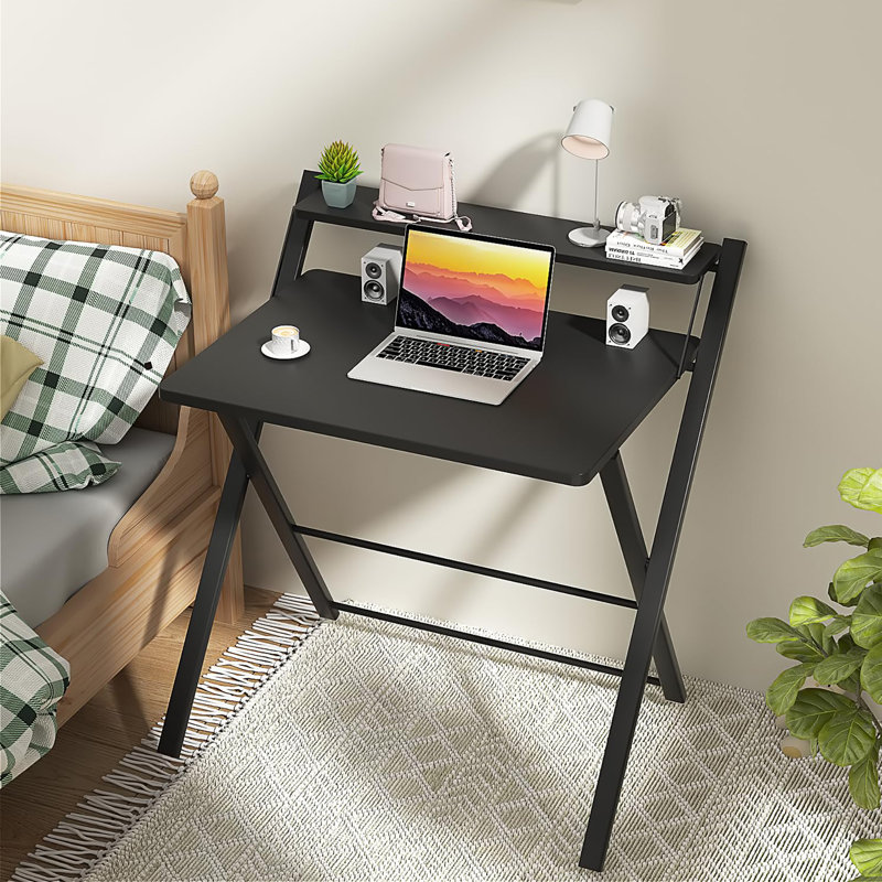 Folding Desk No Assembly Required Small Size, 2-Tier Foldable Computer Desk with Shelf for Home Office, Space Saving Portable Laptop Study Foldable Table for Small Spaces