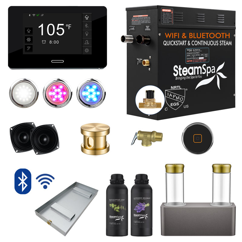 Ensemble de générateur de bain de vapeur à accès rapide Bluetooth et Bluetooth 4,5 kW à démarrage rapide avec pompe à arôme double en nickel brossé Black Series