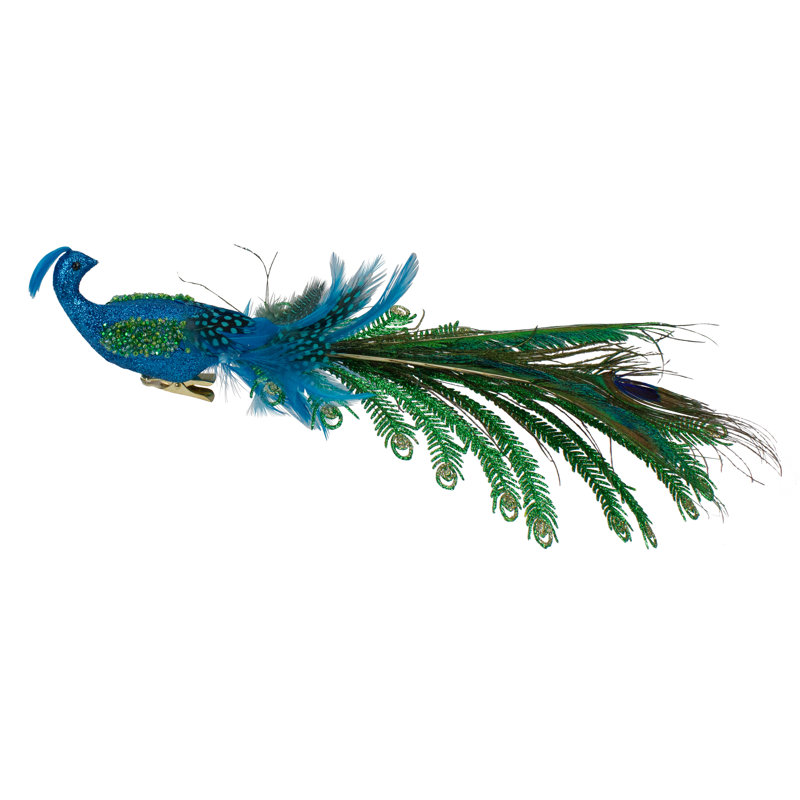15.25" Blue And Green Glittered Peacock Clip On Christmas Ornament