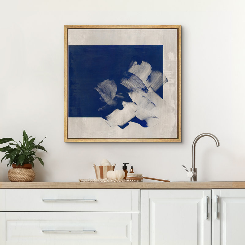 «Bold Blue Brushstroke», reproduction d'art minimaliste moderne sur toile encadrée dans la chambre principale, Naturel