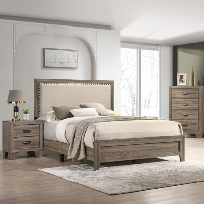 Luxurious Brown Cherry Finish King Size Bed With Tufted Upholstered Headboard And Elegant Nailhead Trim For A Stylish Bedroom by Lark Manor
