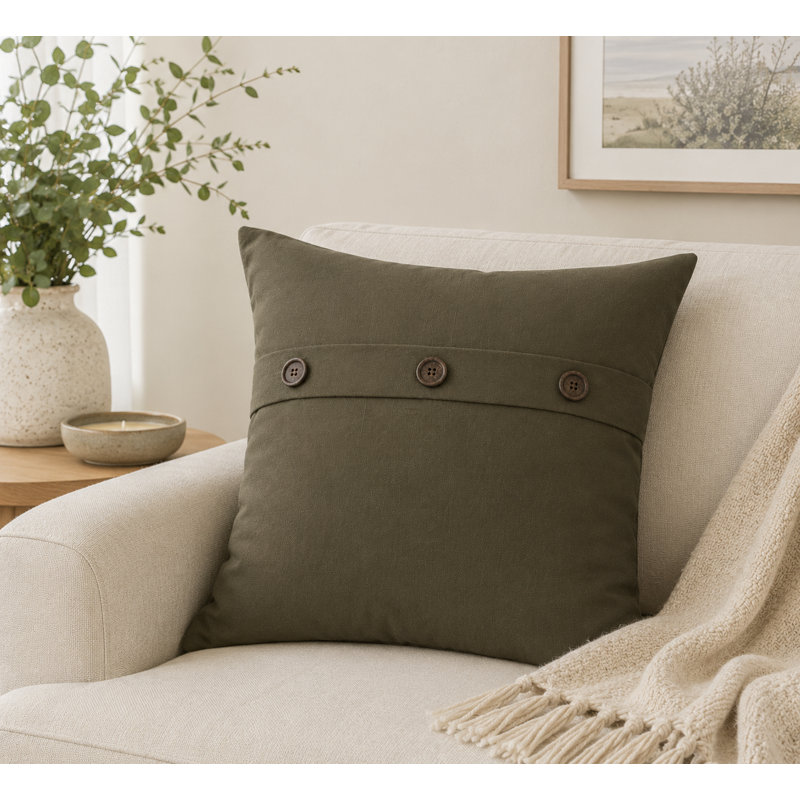 Solid Button Buttons Linen Throw Pillow, FallGreen
