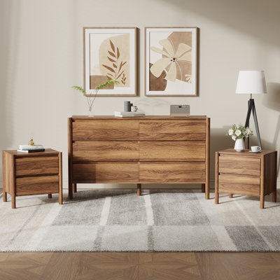 Ensemble de chambre à coucher 3 pièces, commode 6 tiroirs et 2 tables de chevet, brun
