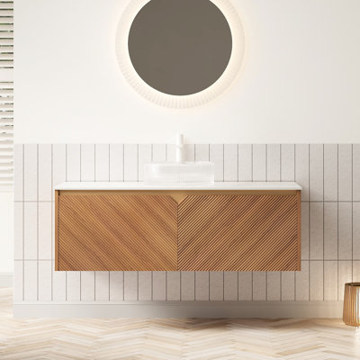 Meuble-lavabo de salle de bain avec lavabo rond transparent, armoire flottante de 48 po, portes en bois massif, garniture en métal, rangement à fermeture douce, système