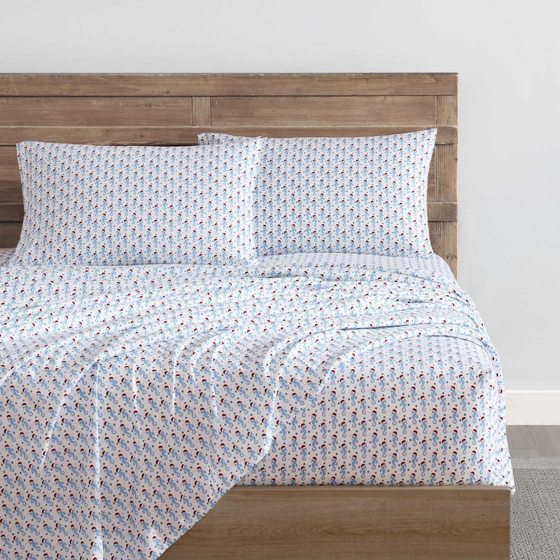 Nautica Cozy Brushed Flannel Printed Sheet Sets, King Sheet Set with 2 Pillowcases, Penguin Toss