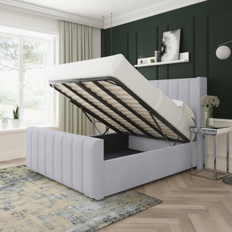 Willow Plush Velvet Upholstered Ottoman Bed Frame, Silver, Double (4'6)