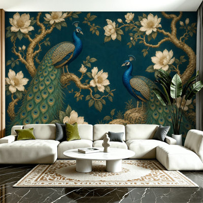 Peel and Stick Wallpaper 100" L x 144" W Modern Self Adhesive Wall Mural for Bedroom - With Chinoiserie Peacocks Flowers Trees Print