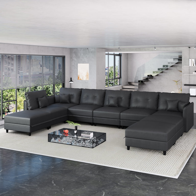 Zendajas 9 - Piece Upholstered Sectional Reversible Modular Corner Sectional with Ottoman, Black Faux Leather