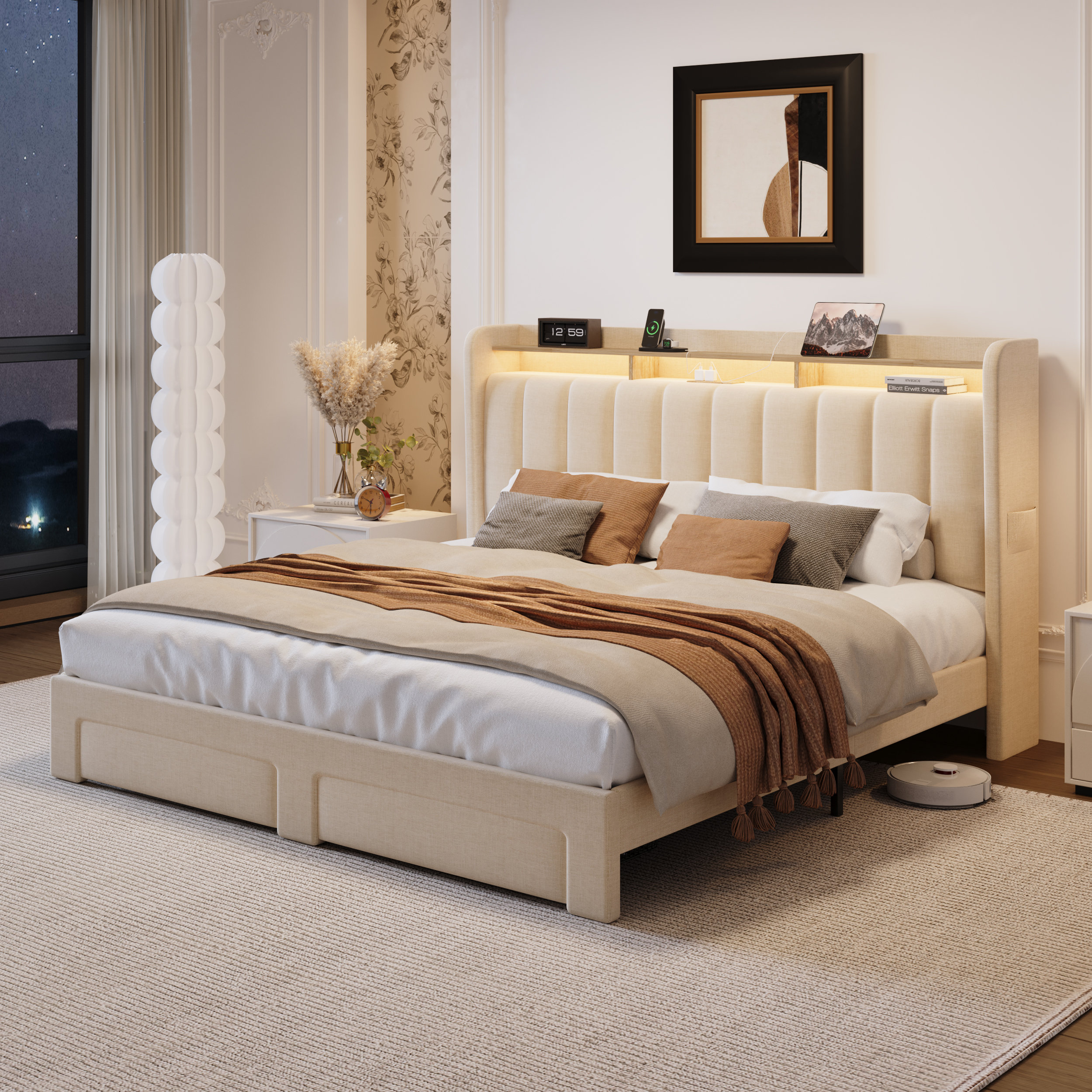 Ivy Bronx Upholstered Platform Bed Frame With Wingback Design Headboard,Charging Station,LED Lights And 2 Storage Drawers & Reviews | Wayfair