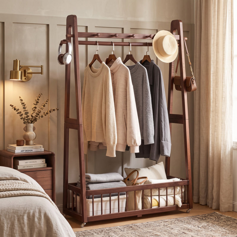 Solid Wood Garment Rack with Lockable Casters and Storage Basket - Walnut Finish